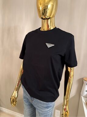 Prada Black Short Sleeve Tee with Crystal Logo
